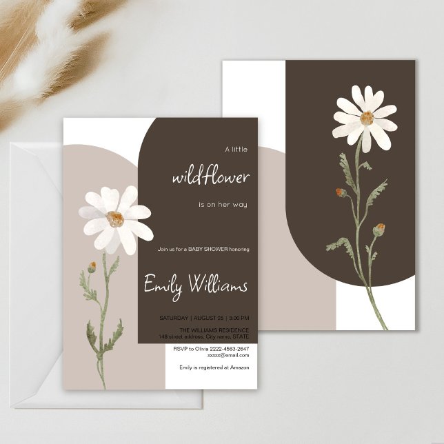 Convite Chá de fraldas minimalístico da aquarela marisca (Daisy wildflower watercolor baby in bloom floral shower invitation in brown colors, rustic, boho)