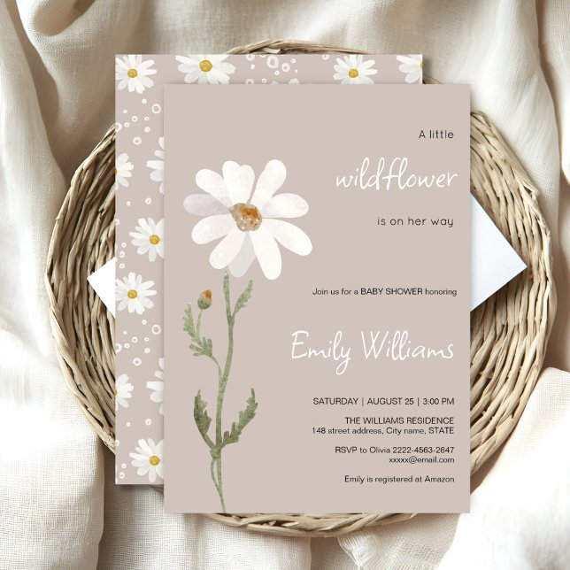 Convite Chá de fraldas minimalístico da aquarela marisca (Daisy wildflower watercolor baby in bloom floral shower invitation in beige colors, rustic, boho)