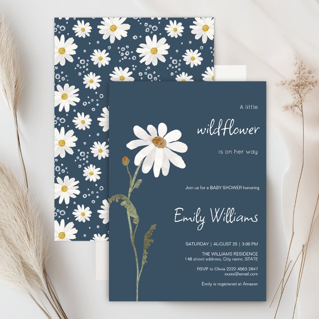 Convite Chá de fraldas minimalístico da aquarela marisca (Daisy wildflower watercolor baby in bloom floral shower invitation in blue colors, rustic, boho)