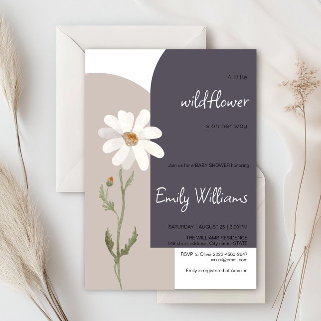 Convite Chá de fraldas minimalístico da aquarela marisca (Daisy wildflower watercolor baby in bloom floral shower invitation in purple colors, rustic, boho)