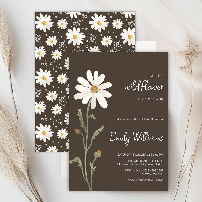 Convite Chá de fraldas minimalístico da aquarela marisca (Daisy wildflower watercolor baby in bloom floral shower invitation in brown colors, rustic, boho)