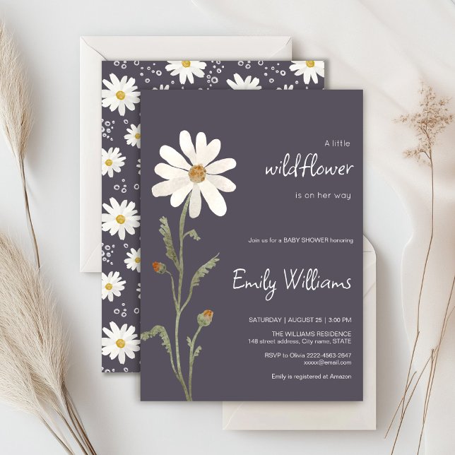 Convite Chá de fraldas minimalístico da aquarela marisca (Daisy wildflower watercolor baby in bloom floral shower invitation in purple colors, rustic, boho)
