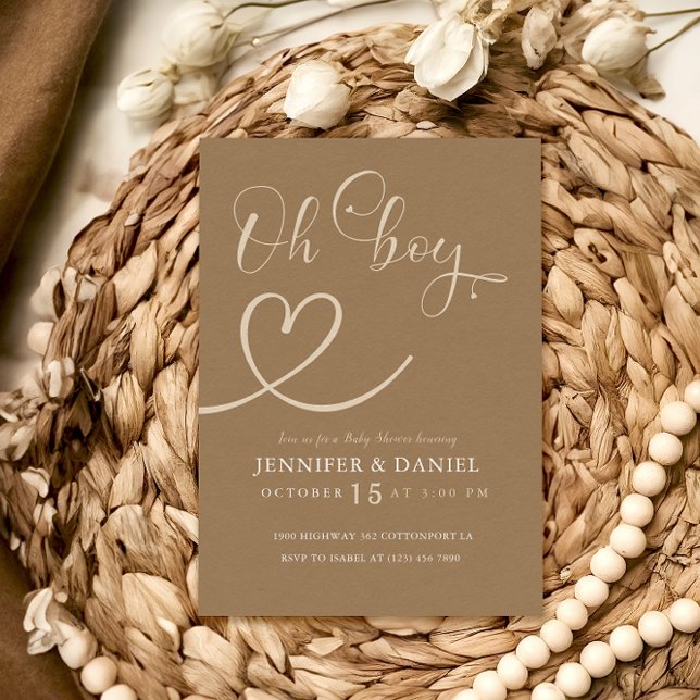 Convite Chá de fraldas Mínimo Brown Tan Elegante Oh Boy (Criador carregado)