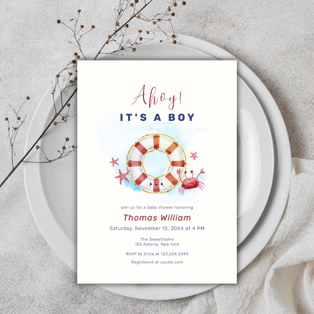 Convite Chá de fraldas Mínimo de Peixe-caranguejo Náutico  (Cute Minimal Nautical Crab Starfish Baby Shower Invitation)