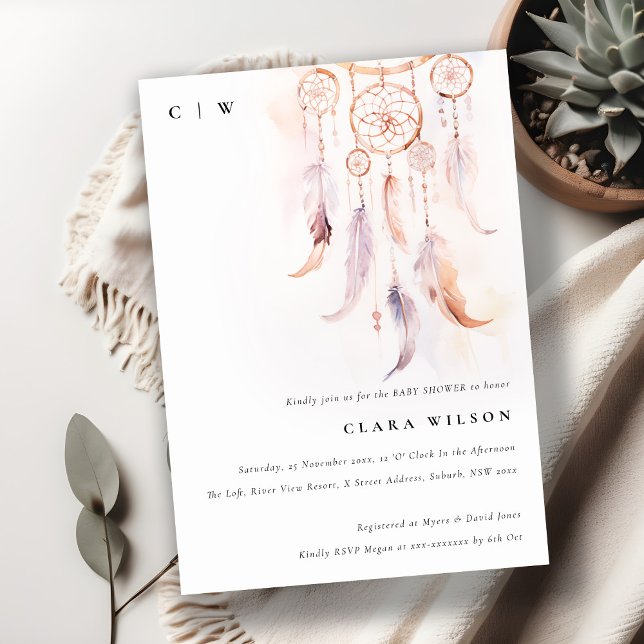 Convite Chá de fraldas Mínimo do Sonhador de Boho Feather (Criador carregado)