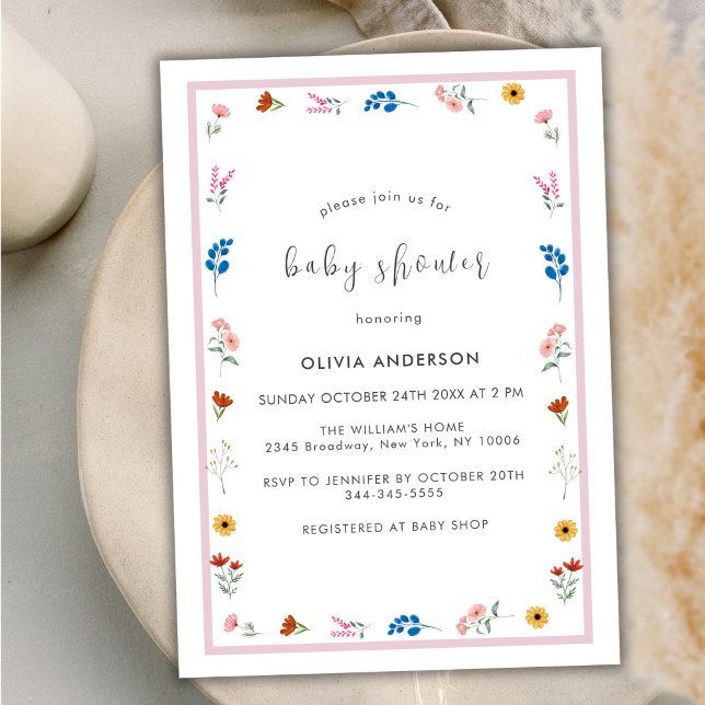 Convite Chá de fraldas Mínimo para Garota de Flor Selvagem (Minimal Little Wildflower Frame Girl Baby Shower Invitation)