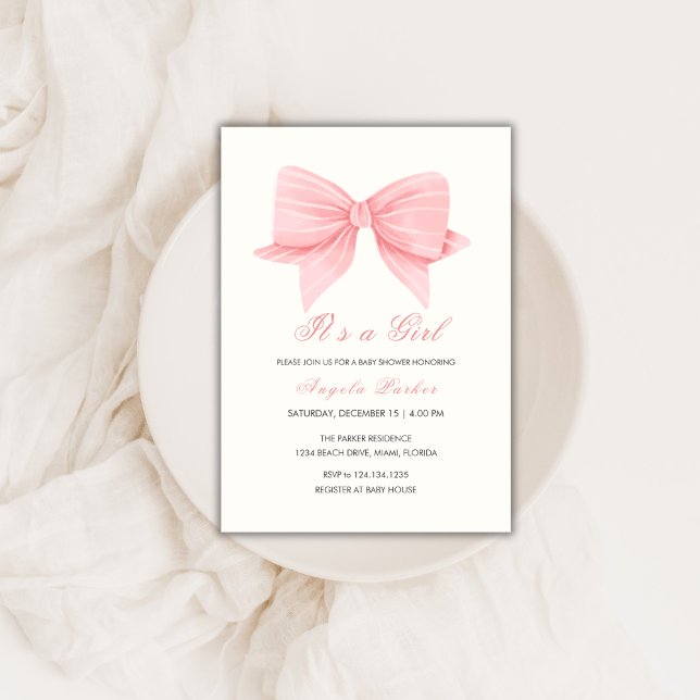 Convite Chá de fraldas Mínimo Rosa Arco Tie Girl (Pink Minimalist Bow Tie Girl Baby Shower Invitation)
