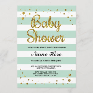 Convite Chá de fraldas Mint Stripe Dourada Glitter Girl C