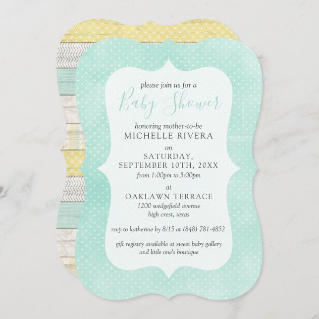 Convite Chá de fraldas Mint Yellow Rustic Wood Gênero Neut (Frente/Verso)