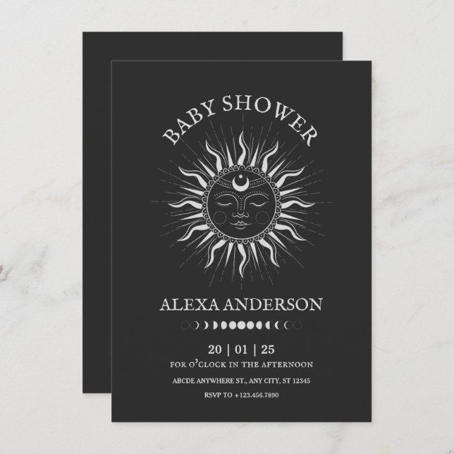 Convite Chá de fraldas místico de tarot solar cósmico (Frente/Verso)