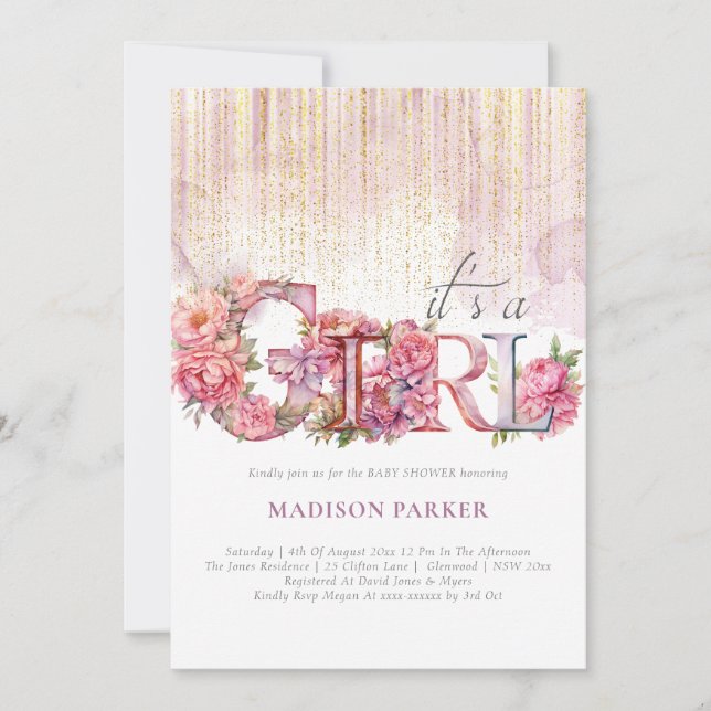 Convite Chá de fraldas Moça Rosa Floral Dourada Brilhante (Frente)