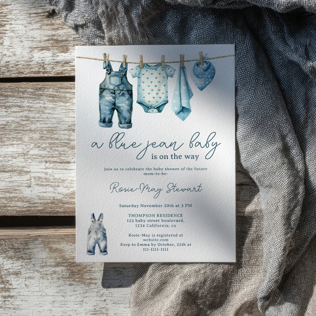 Convite Chá de fraldas Modern Denim Blue Jean Clothesline (Modern Denim Blue Jean Clothesline Baby Shower Invitation)