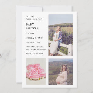 Convite Chá de fraldas Modern White Photo Collage Girl