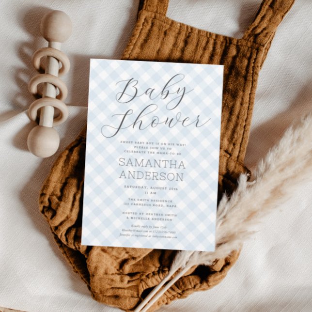 Convite Chá de fraldas Moderno + Azul Gingham Boy (Modern + Sweet Blue Gingham Boy Baby Shower Invitation)
