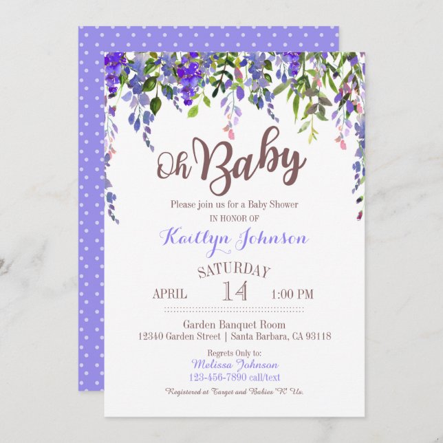 Convite Chá de fraldas moderno das glicínias roxas da (Frente/Verso)