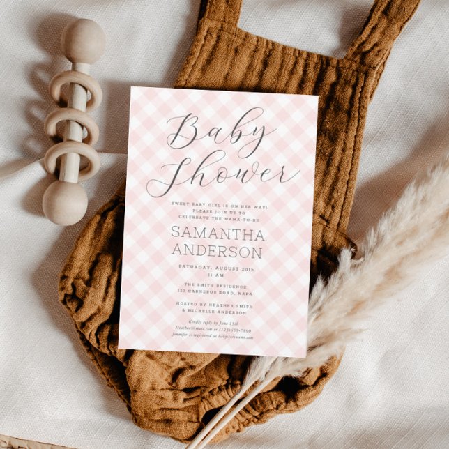 Convite Chá de fraldas Moderno + Rosa Gingham (Modern + Sweet Pink Gingham Girl Baby Shower Invitation)