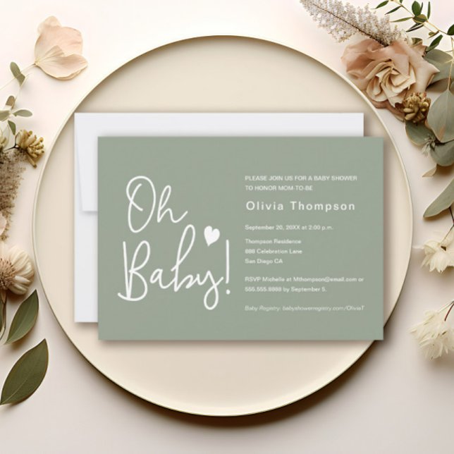 Convite Chá de fraldas moderno - Sage Verde - Oh Baby (Sage green, modern script Oh Baby! heart baby shower invitation)