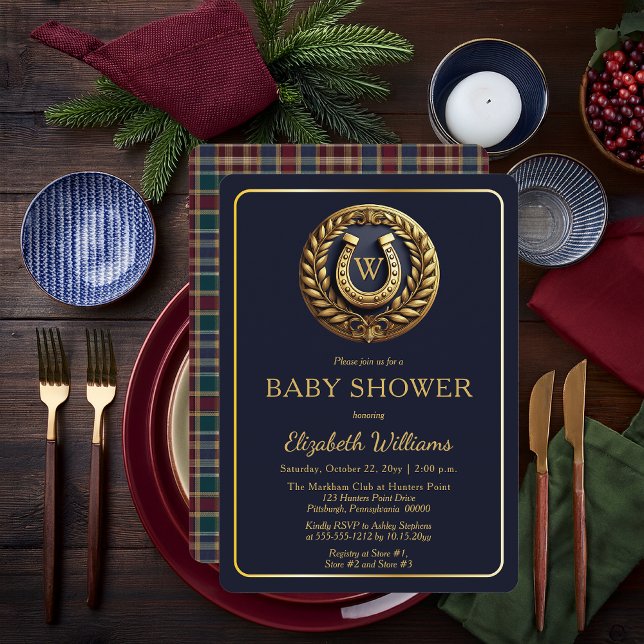 Convite Chá de fraldas Monograma de Xadrez de Ferradura de (Equestrian Emblem Monogram Preppy Navy Blue and Plaid Boy Baby Shower Invitation - Print | Digital)