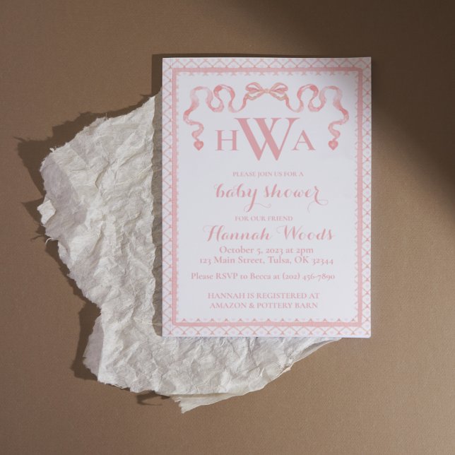 Convite Chá de fraldas Monograma do Coquete de Fita Coraçã (Criador carregado)