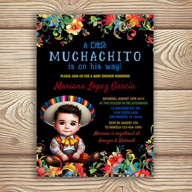 Convite Chá de fraldas Muchachito Charro Fiesta (Adorable boy fiesta baby shower invitation with colorful flowers and charming baby boy.)