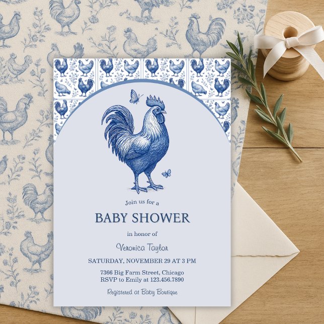 Convite Chá de fraldas Nacional Francês do Galo Azul (Blue Toile Rooster Baby Shower French Country Farmhouse Chic (Gender-Neutral))
