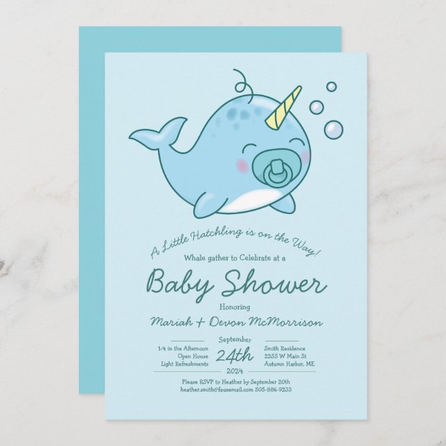 Convite Chá de fraldas Narral Cute Kawaii Blue Boy (Frente/Verso)