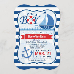 Convite Chá de fraldas Náutico; Bandas Azuis e Brancas