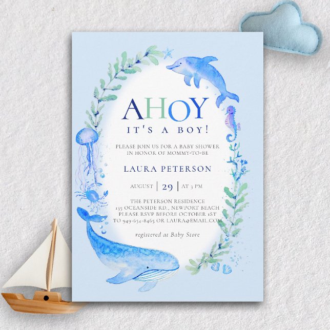 Convite Chá de fraldas Náutico Blue Boy de Animais do Mar  (nautical baby boy shower invitation ahoy under the sea whale dolphin blue watercolor modern cute)
