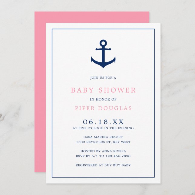 Convite Chá de fraldas Náutico Cor-de-Rosa Azul (Frente/Verso)