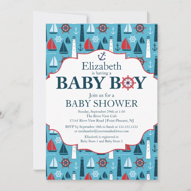 Convite Chá de fraldas Náutico de Barcos de Navegação com  (Frente)