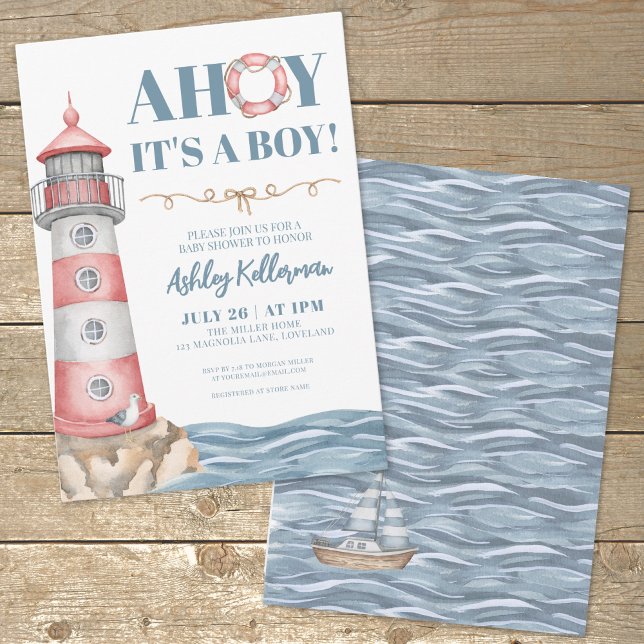 Convite Chá de fraldas Náutico de Cor Azul Vermelha (AHOY It's A Boy Baby Shower Invitation)