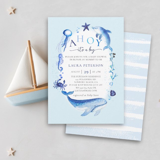 Convite Chá de fraldas Náutico de Menino Azul para Animais (ocean baby boy shower invitation ahoy under the sea whale dolphin blue watercolor beach nautical.)