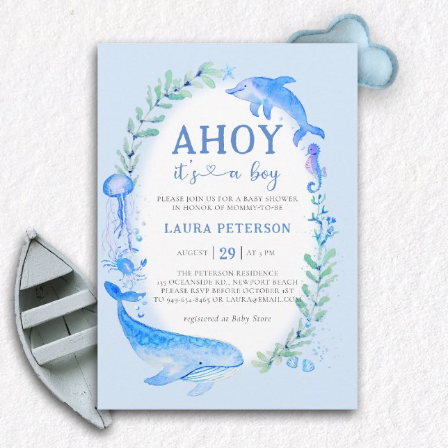 Convite Chá de fraldas Náutico do Mar de Golfinhos de Bale (ocean baby boy shower invitation ahoy under the sea whale dolphin blue watercolor modern nautical)