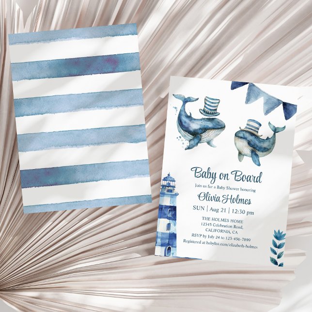 Convite chá de fraldas náutico Marinho "Bebê no Conselho" ("Baby on Board" Navy Nautical Baby Shower Invitation on a sunny neutral dry palm leaf.)