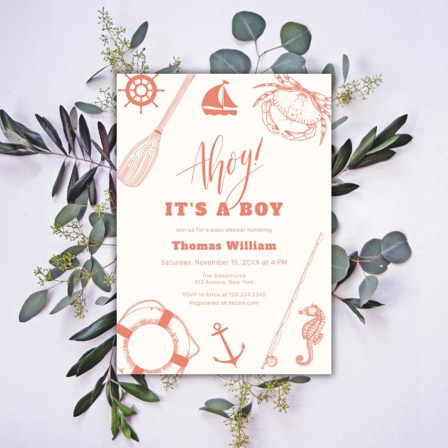 Convite Chá de fraldas Náutico Neutro Moderno (Neutral Modern Nautical Fishing Boy Baby Shower Invitation)