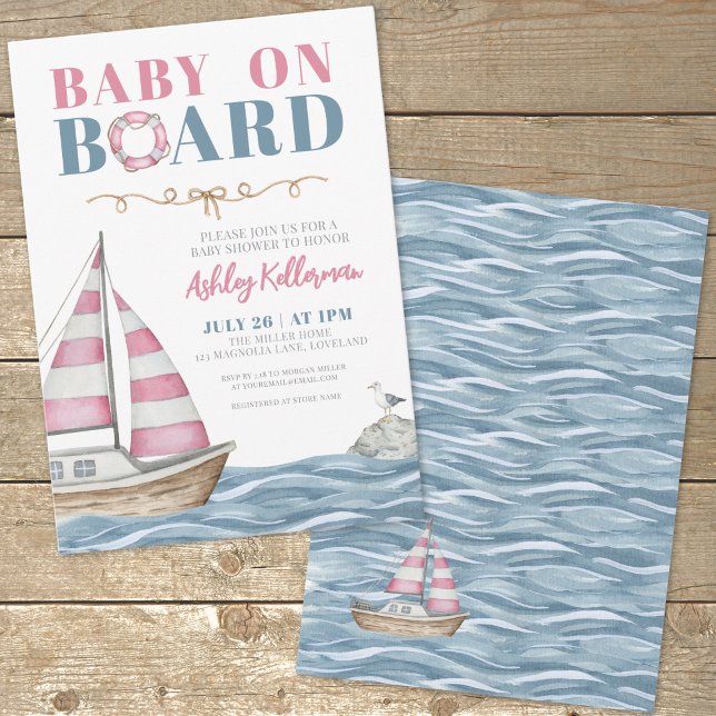 Convite Chá de fraldas náutico rosa (Sailboat Nautical Baby Shower Invitation)