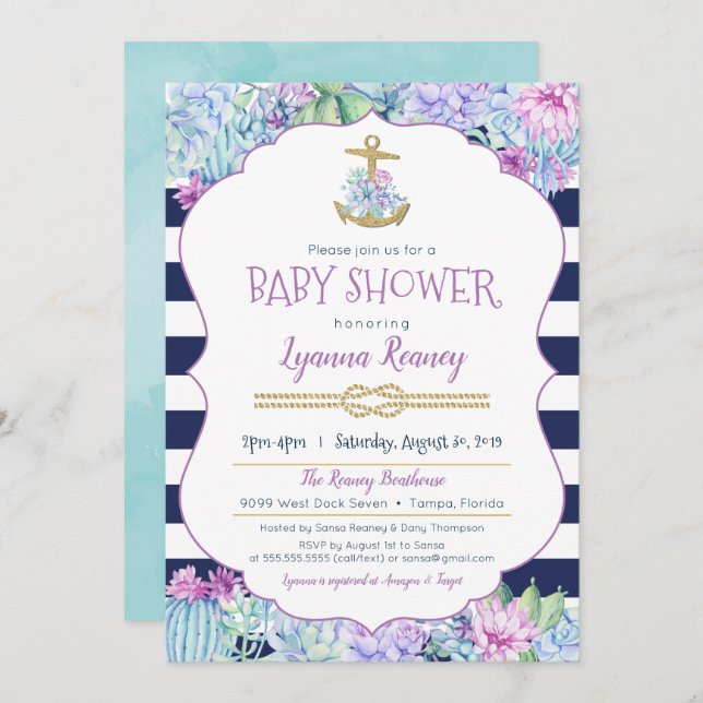 Convite Chá de fraldas Náutico Suculente Marinho Lavanda A (Frente/Verso)
