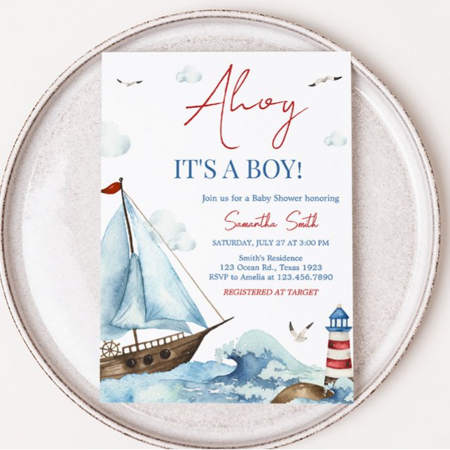 Convite Chá de fraldas Náutico Vermelho Azul (Ahoy It’s A Boy Baby Shower Invitation)