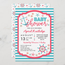 Convite Chá de fraldas Náutico Vermelho Azul e Framboesa