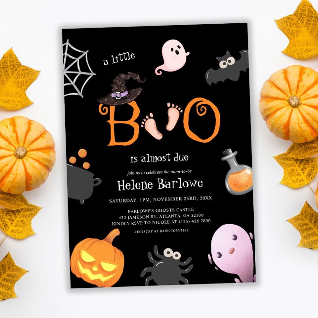 Convite Chá de fraldas Negra de Halloween Spooky (Black Little Boo Halloween Spooky Baby Shower Invitation)