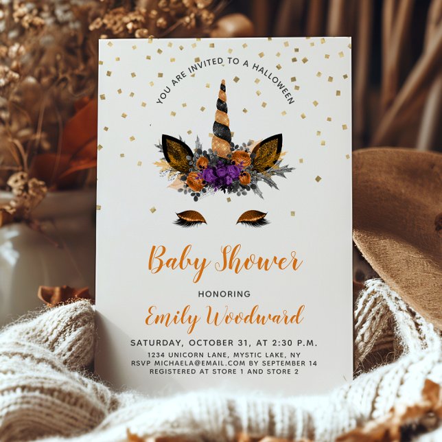 Convite Chá de fraldas Negro Laranja do Unicorn Halloween (Criador carregado)