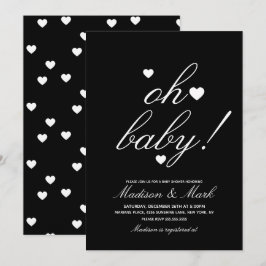 Convite Chá de fraldas Negro Mínimo de Corações Flutuantes