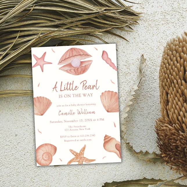 Convite Chá de fraldas Neutral de Seashell do Oceano Atlân (Neutral Summer Ocean Seashell Pearl Baby Shower Invitation)