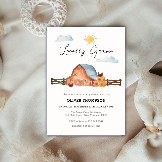 Convite Chá de fraldas neutro da Fazenda com crescimento l (Neutral Locally Grown Farm Barn Baby Shower Invitation)