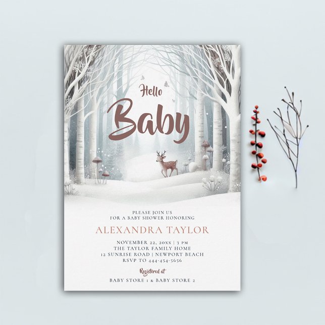 Convite Chá de fraldas neutro da floresta de inverno (winter baby shower invitation neutral white wonderland enchanted forest woodland deer cute)
