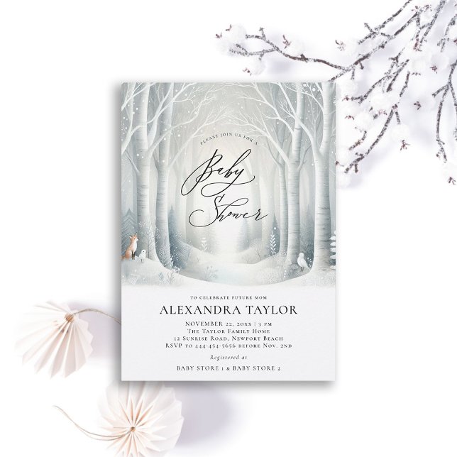 Convite Chá de fraldas Neutro da Floresta Solar de inverno (winter baby shower invitation neutral white wonderland enchanted forest woodland fox birds snowy whi)