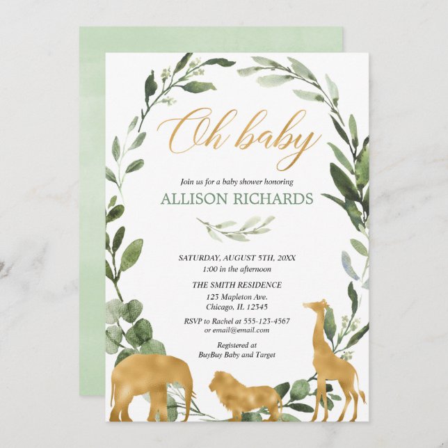 Convite Chá de fraldas neutro das hortaliças do safari do (Frente/Verso)