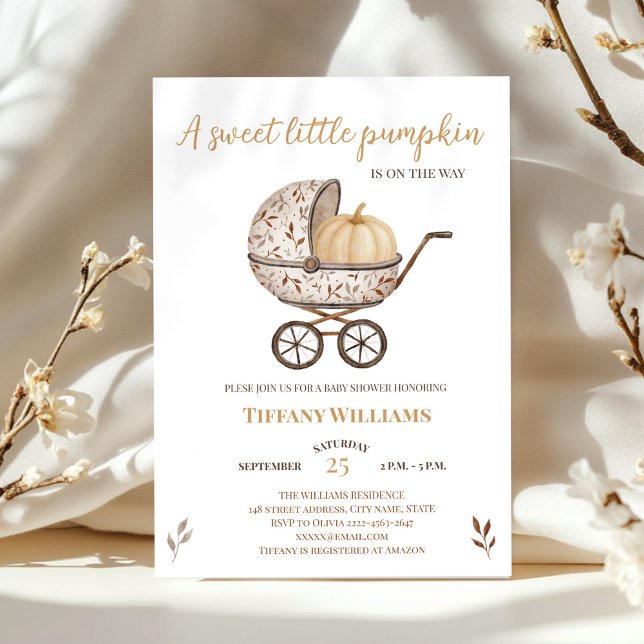 Convite Chá de fraldas neutro de abóbora de outono (A little pumpkin is on the way rustic retro stroller baby shower invitation )