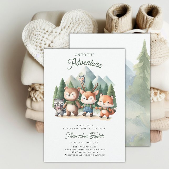 Convite Chá de fraldas Neutro de Animais da Floresta de Av (woodland adventure gender neutral baby shower invitation mountain forest cute animals hiking modern)