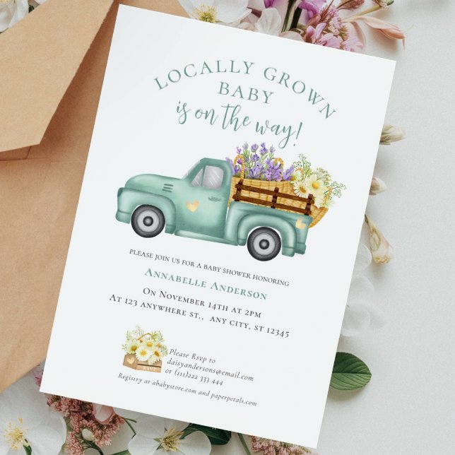 Convite Chá de fraldas neutro de aquarela de crescimento l (Cute Locally Grown watercolor Baby Shower Invitation)